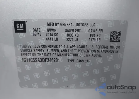 2013 Chevrolet Malibu 1Lt из США, поврежденный, VIN 1G11C5SA3DF346200